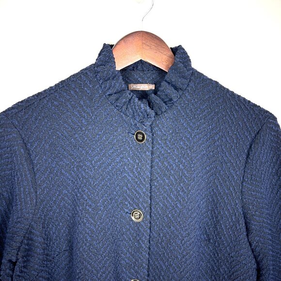 J McLaughlin Jacket Womens Medium Navy Black Button Up Texture 3/4 Sleeve Ruffle - Picture 2 of 8